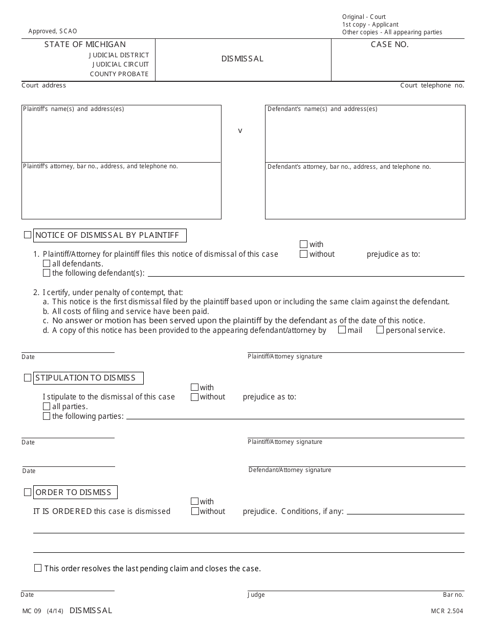 Form MC09 Dismissal Form - Michigan, Page 1