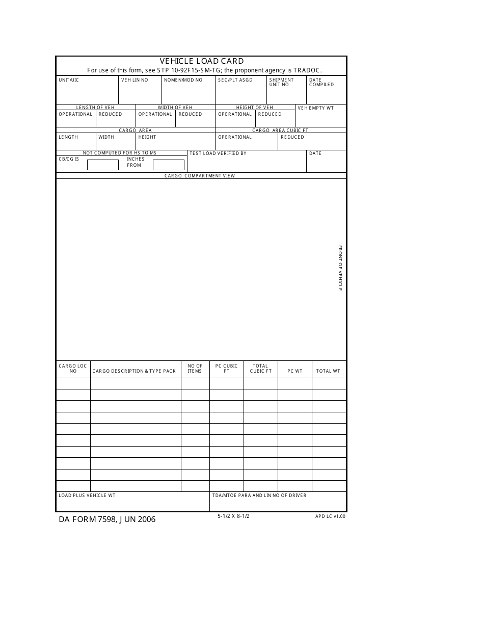 DA Form 7598 Vehicle Load Card, Page 1