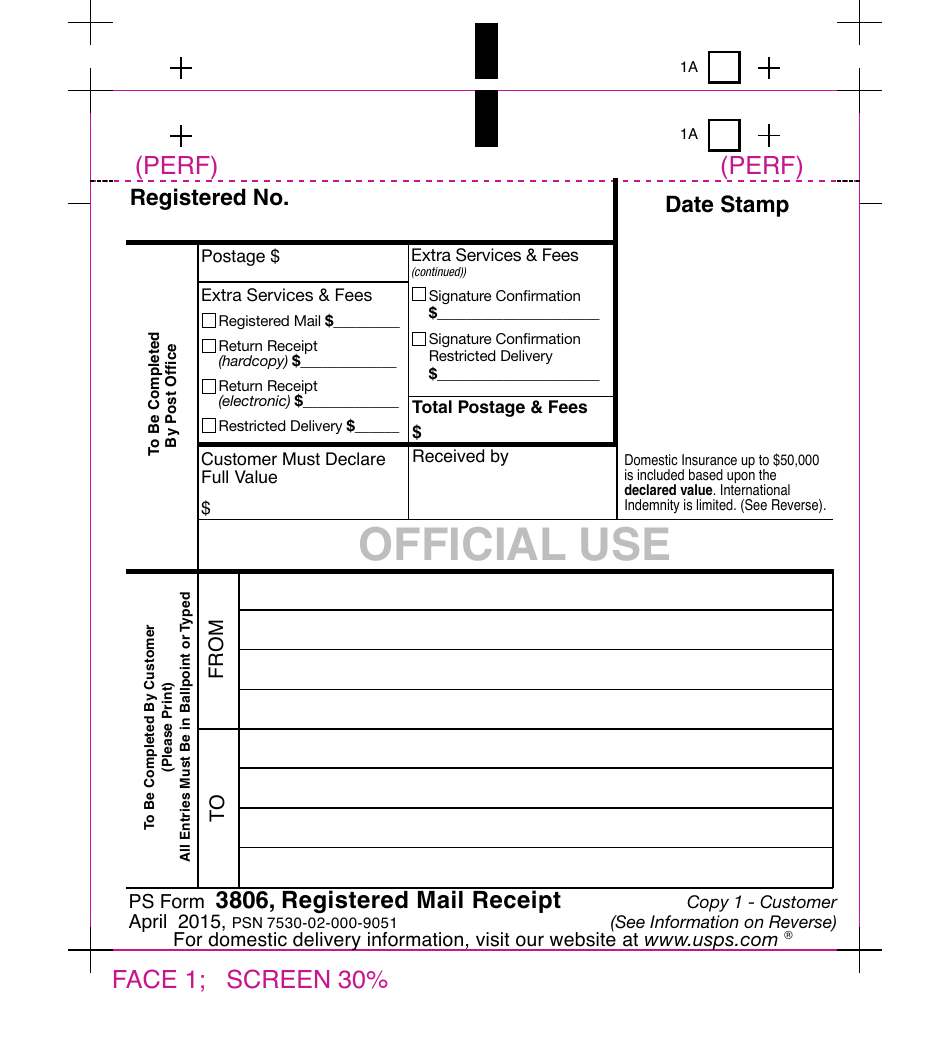 PS Form 3806 Registered Mail Receipt, Page 1