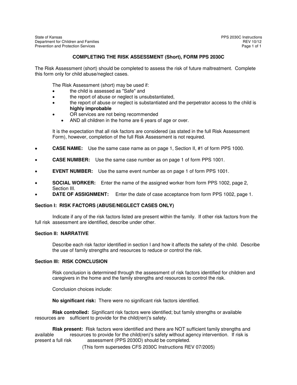 Instructions for Form PPS2030C Risk Assessment (Short Form) - Kansas, Page 1