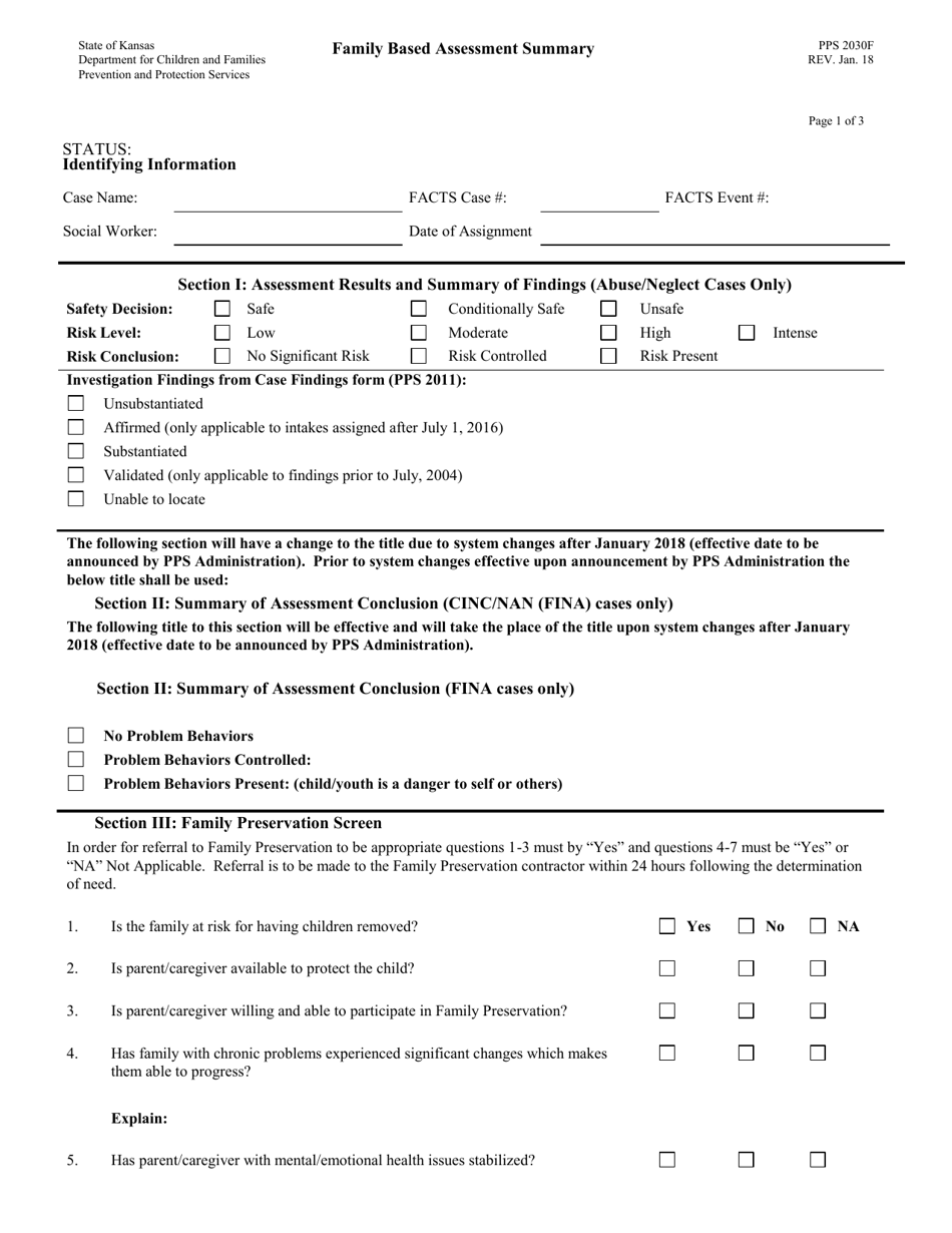 Form PPS2030F Family Based Assessment Summary - Kansas, Page 1