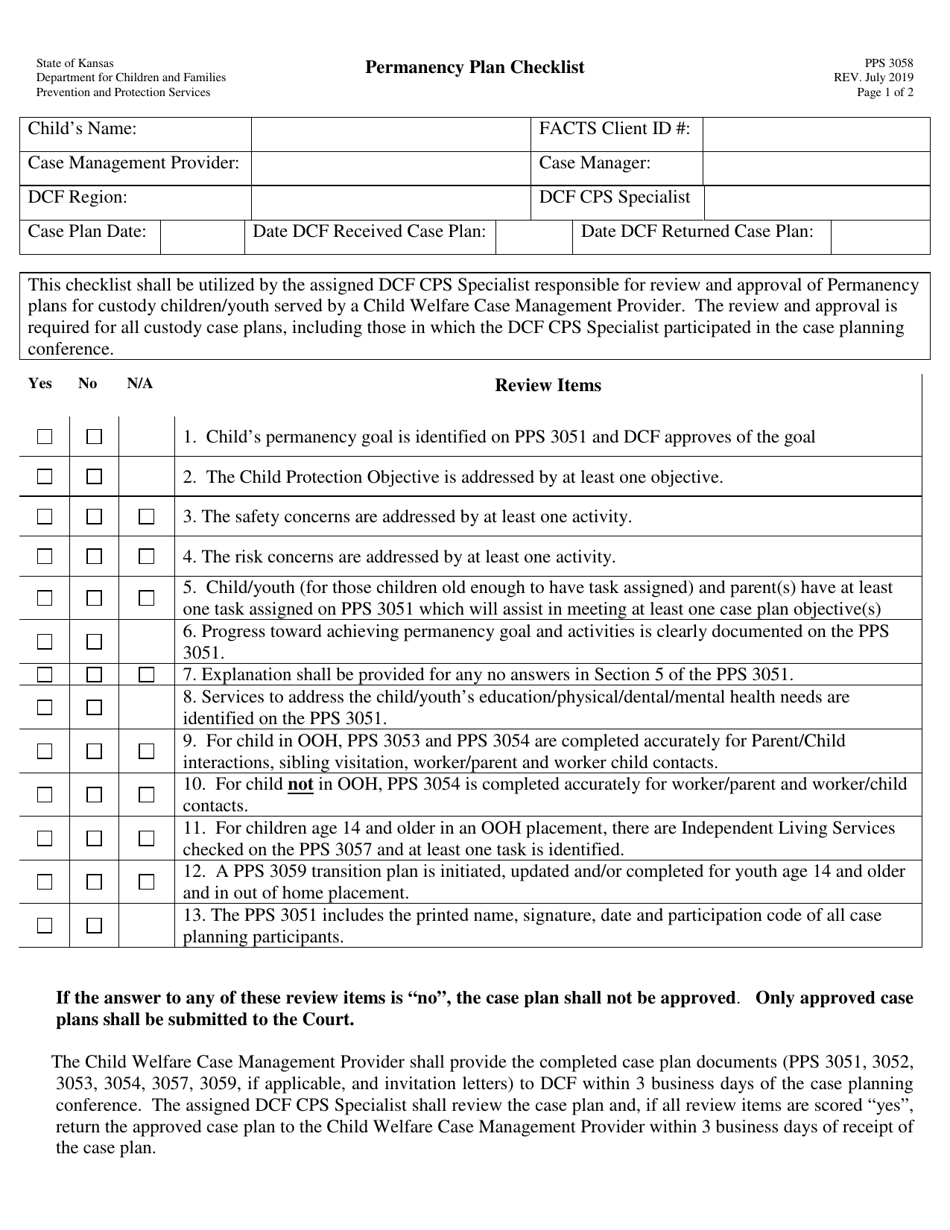 Form PPS3058 Permanency Plan Checklist - Kansas, Page 1