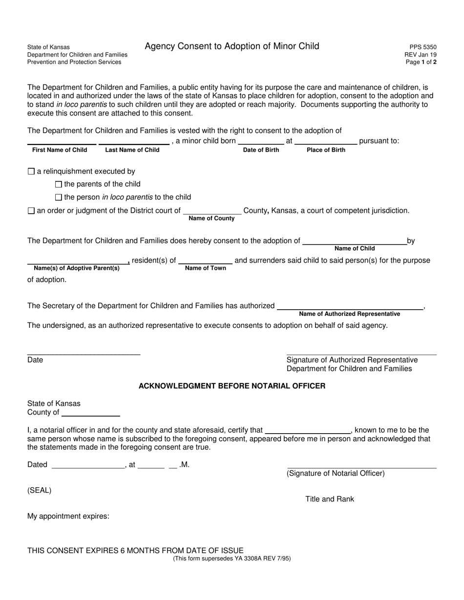 Form PPS5350 Agency Consent to Adoption of Minor Child - Kansas, Page 1