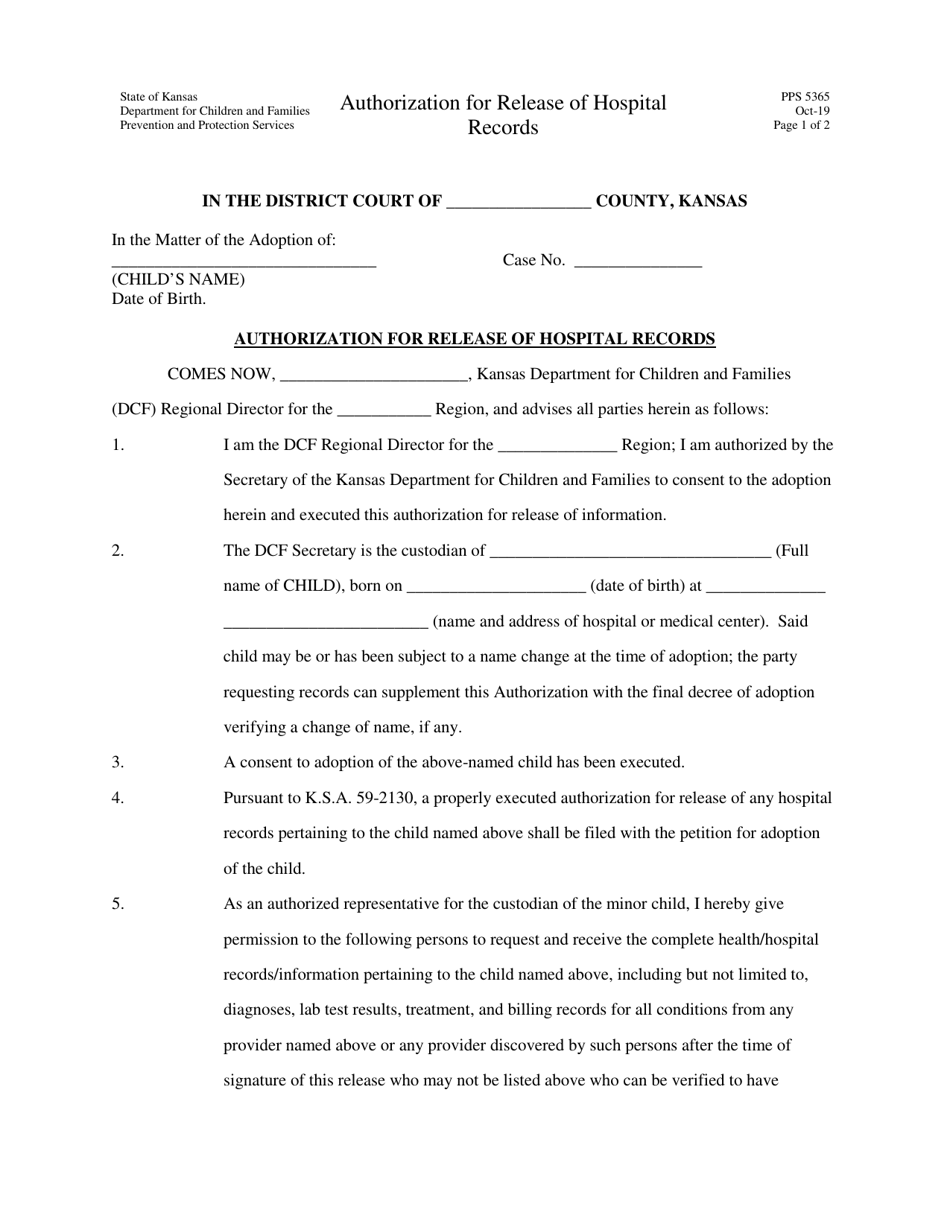 Form PPS5365 Authorization for Release of Hospital Records - Kansas, Page 1