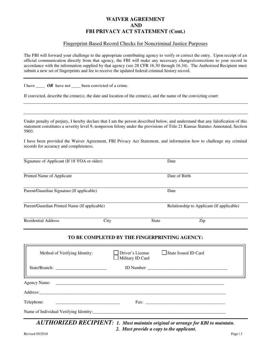 Waiver Agreement and Fbi Privacy Act Statement - Kansas, Page 3