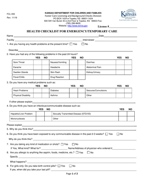 Form FCL055 Health Checklist for Emergency/Temporary Care - Kansas