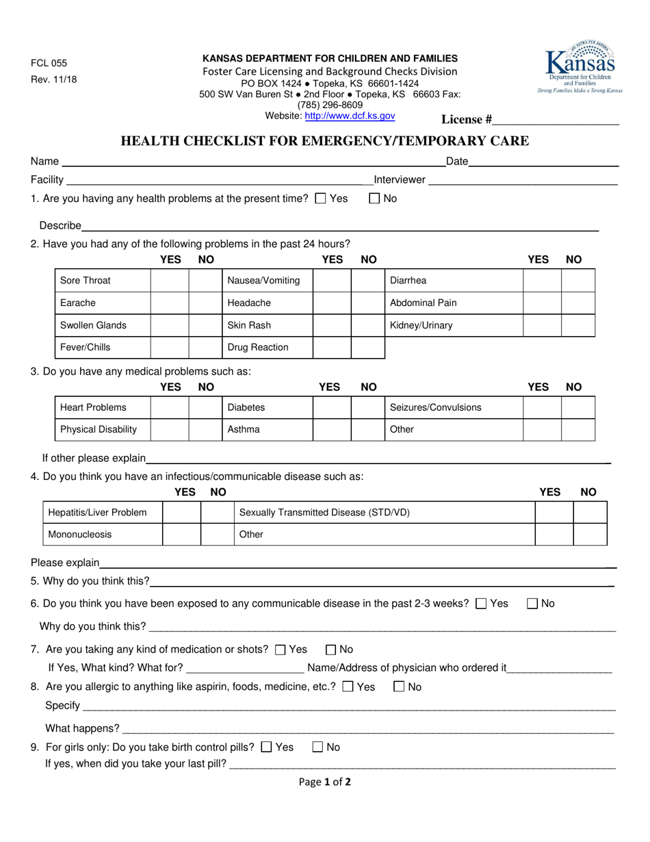 Form FCL055 Health Checklist for Emergency / Temporary Care - Kansas, Page 1