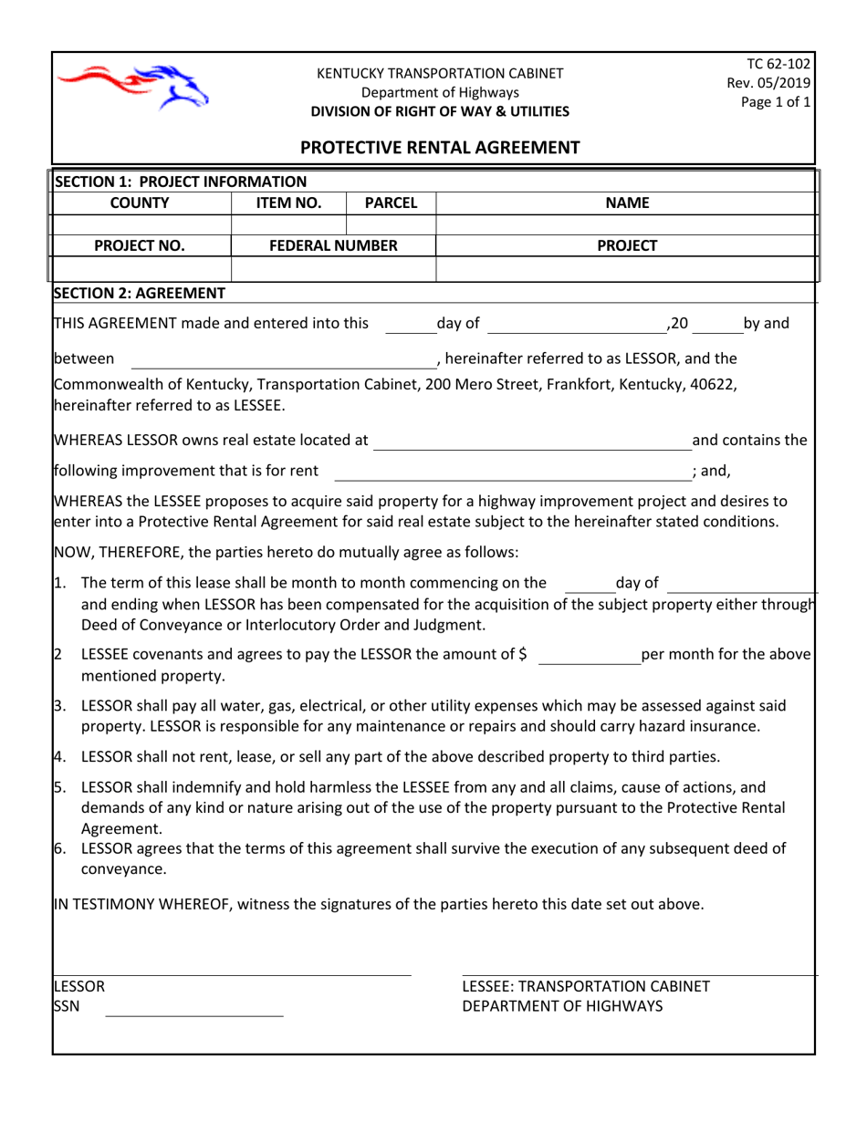 Form TC62-102 Protective Rental Agreement - Kentucky, Page 1