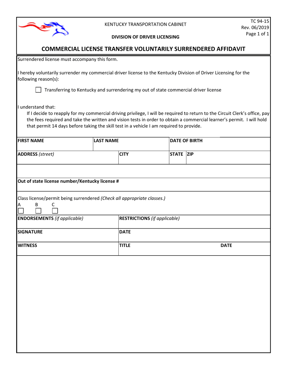 Form TC94-15 Commercial License Transfer Voluntarily Surrendered Affidavit - Kentucky, Page 1