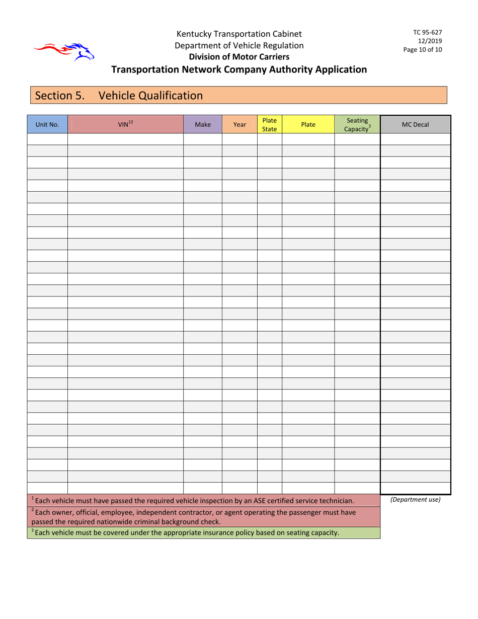 Form TC95-627 Transportation Network Company Authority Application - Kentucky, Page 10
