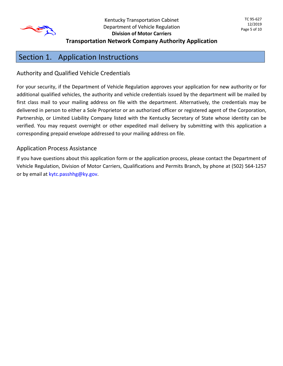 Form TC95-627 Transportation Network Company Authority Application - Kentucky, Page 5