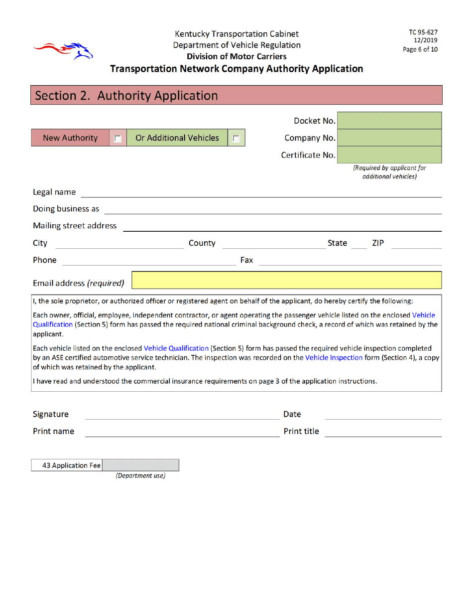 Form TC95-627 Transportation Network Company Authority Application - Kentucky, Page 6