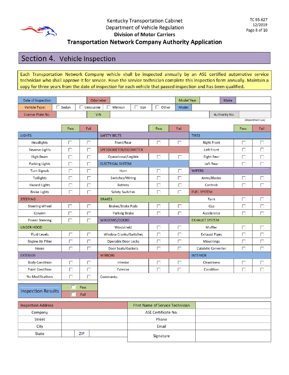 Form TC95-627 Transportation Network Company Authority Application - Kentucky, Page 8
