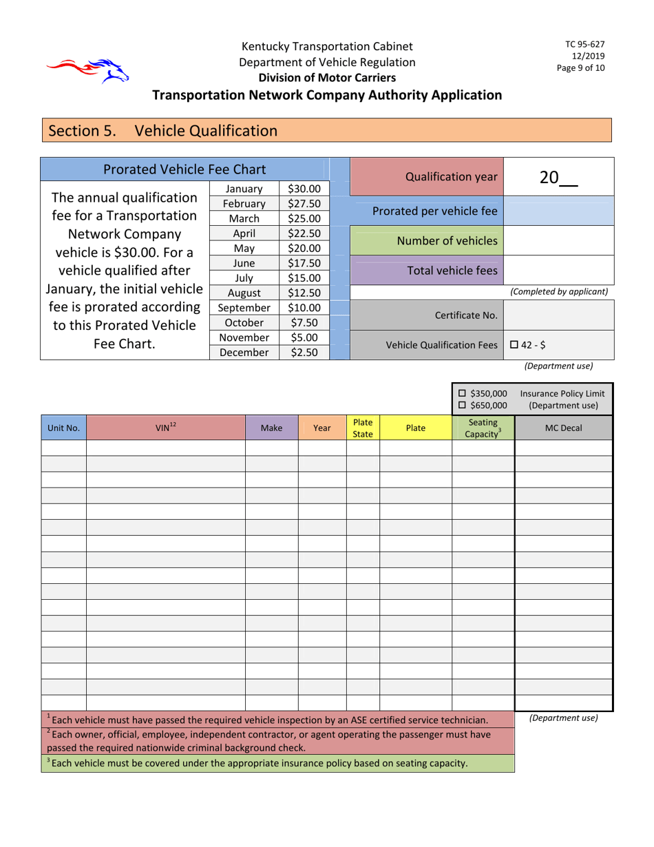 Form TC95-627 Transportation Network Company Authority Application - Kentucky, Page 9