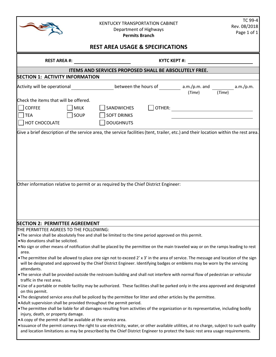 Form TC99-4 Rest Area Usage  Specifications - Kentucky, Page 1