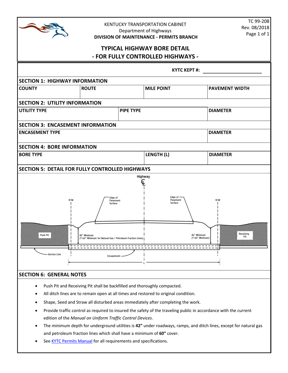 Form TC99-208 Typical Highway Bore Detail for Fully Controlled Highways - Kentucky, Page 1