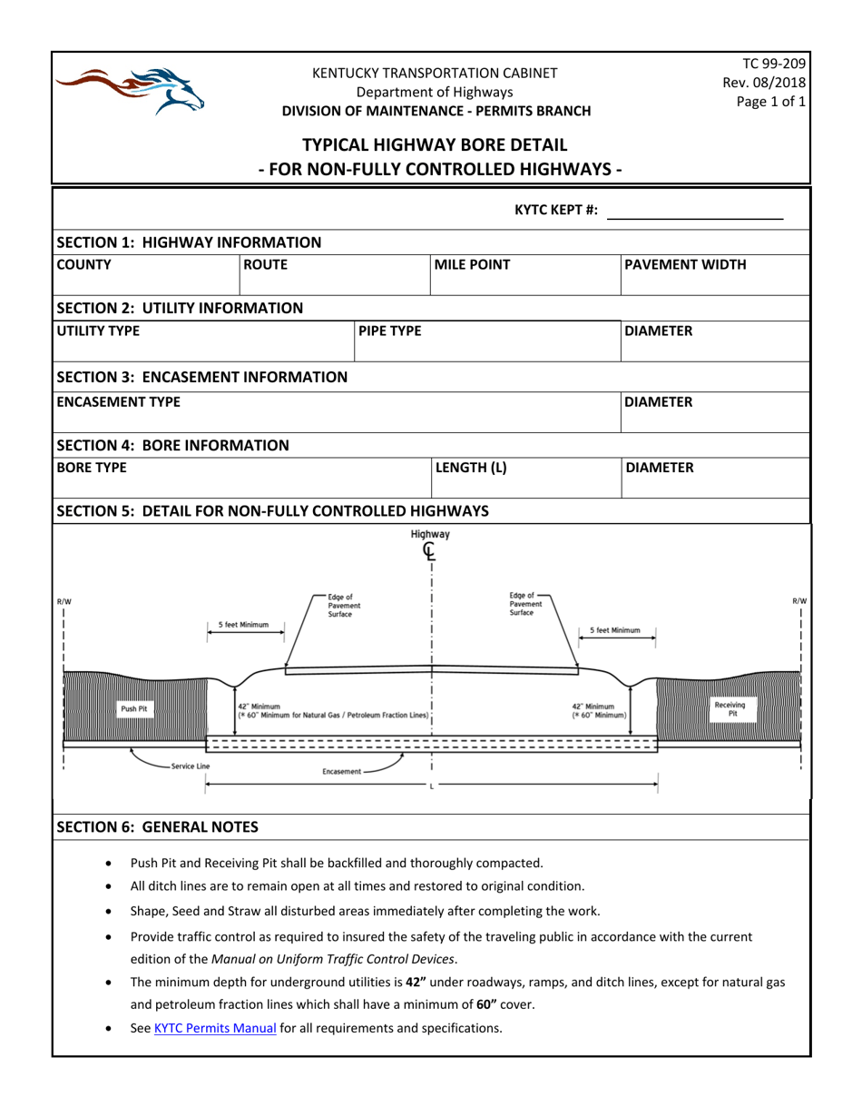 Form TC99-209 Typical Highway Bore Detail for Non-fully Controlled Highways - Kentucky, Page 1