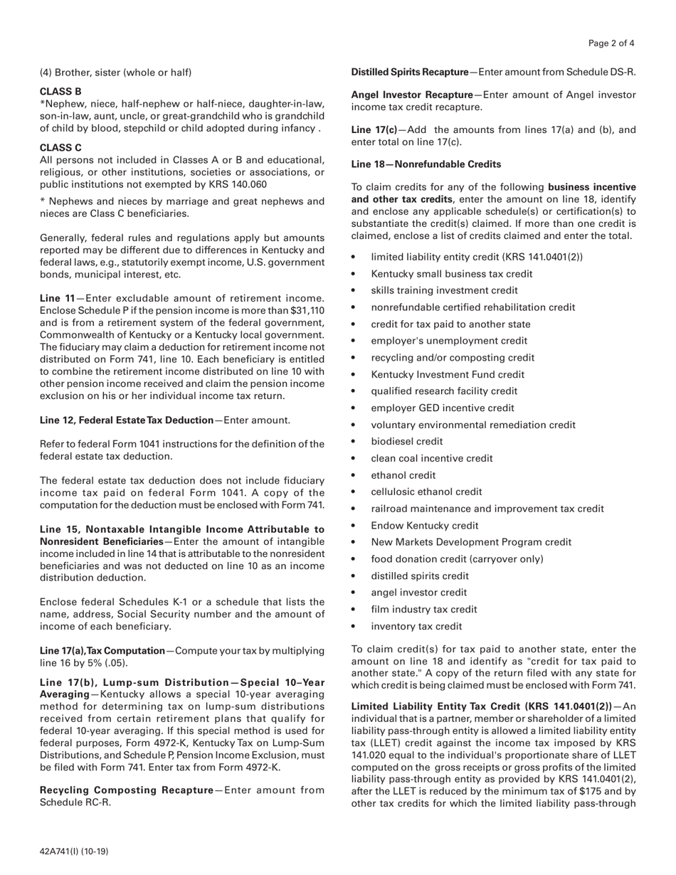 Instructions for Form 741, 42A741 Kentucky Fiduciary Income Tax Return - Kentucky, Page 2