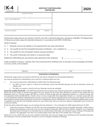 Form K-4 (42A804) &quot;Kentucky's Withholding Certificate&quot; - Kentucky, 2020