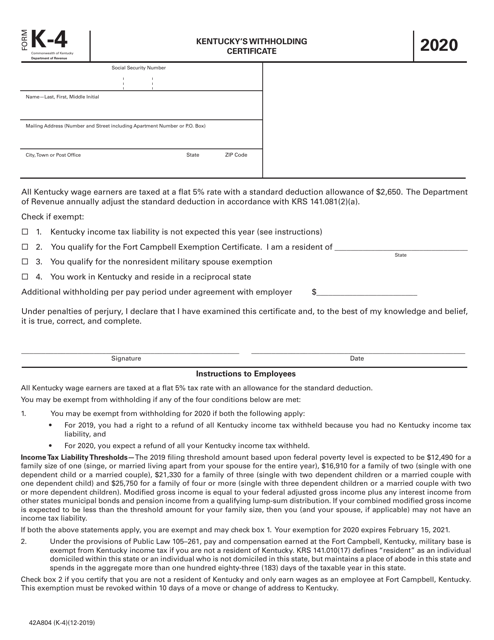 Form K-4 (42A804) Kentucky's Withholding Certificate - Kentucky, 2020
