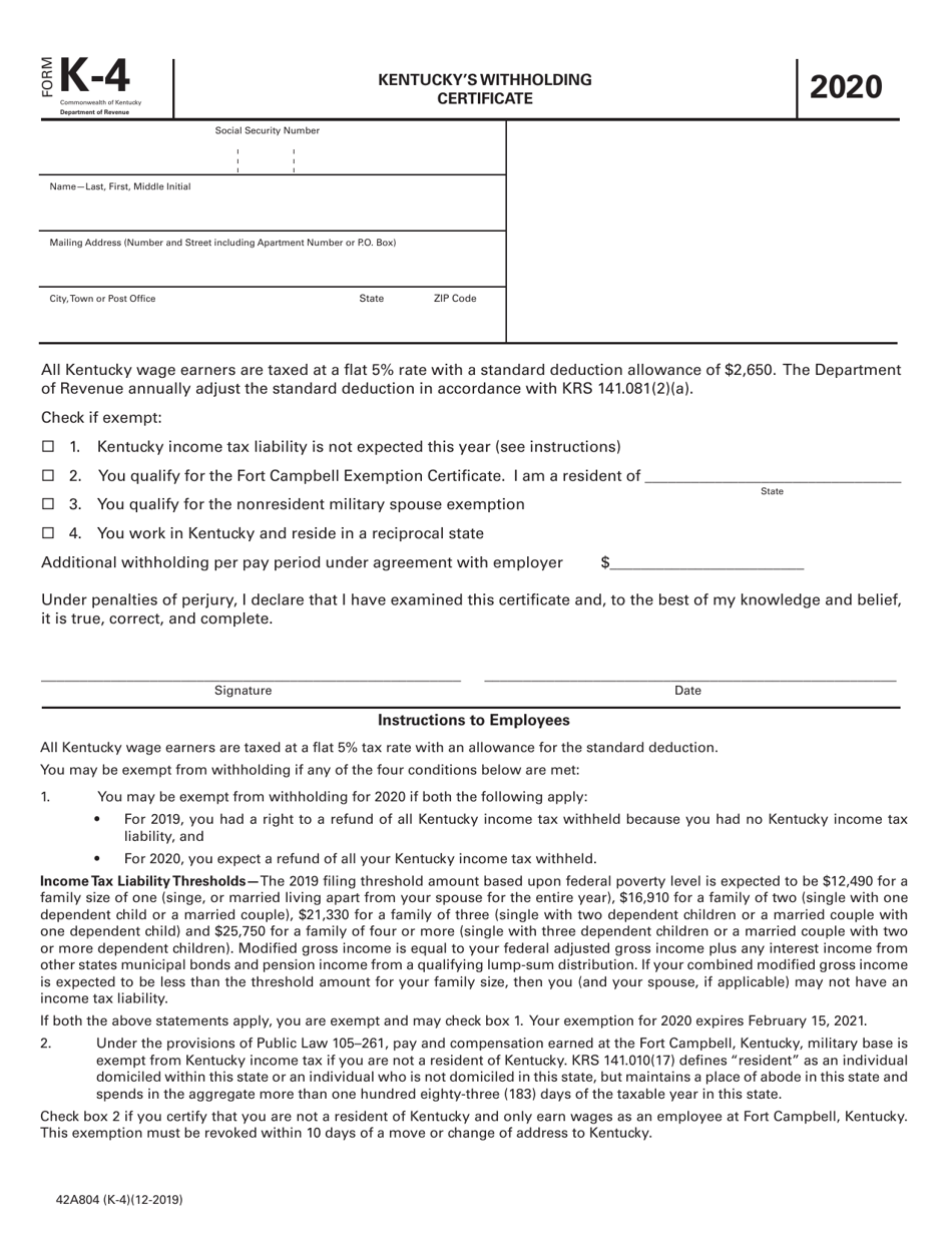 Form K4 (42A804) 2020 Fill Out, Sign Online and Download Printable