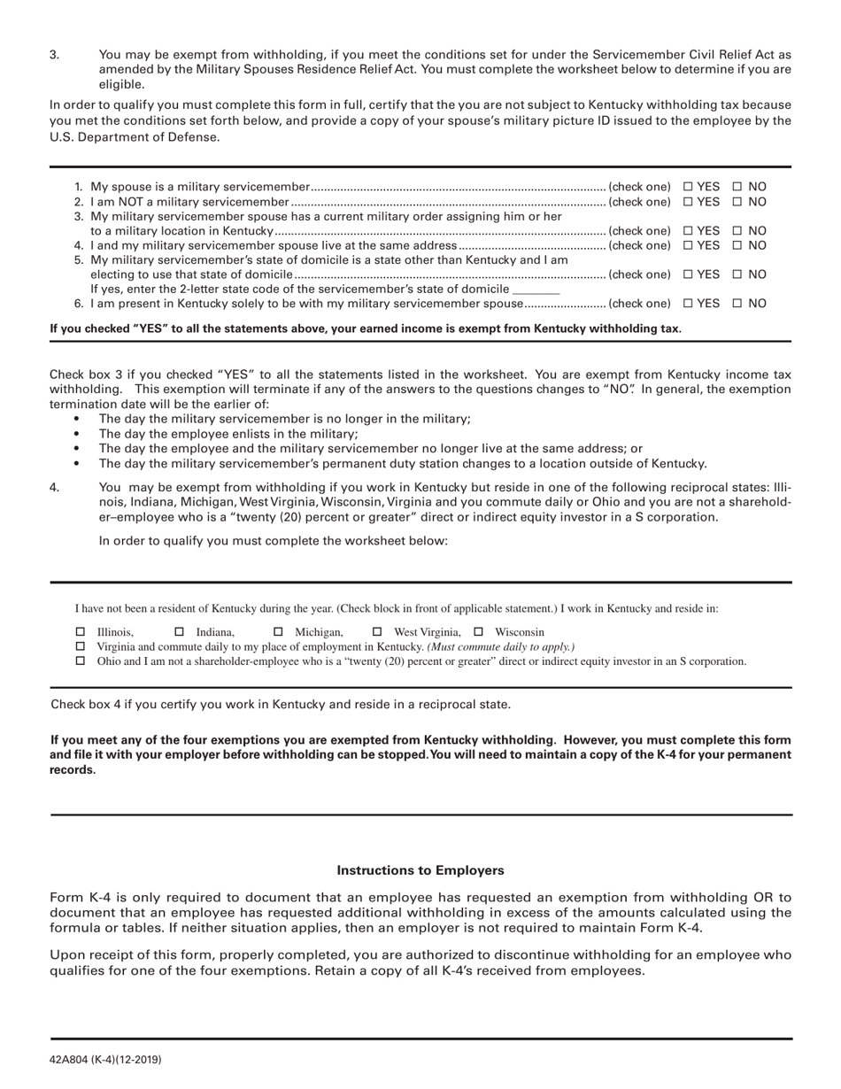 Form K4 (42A804) 2020 Fill Out, Sign Online and Download Printable