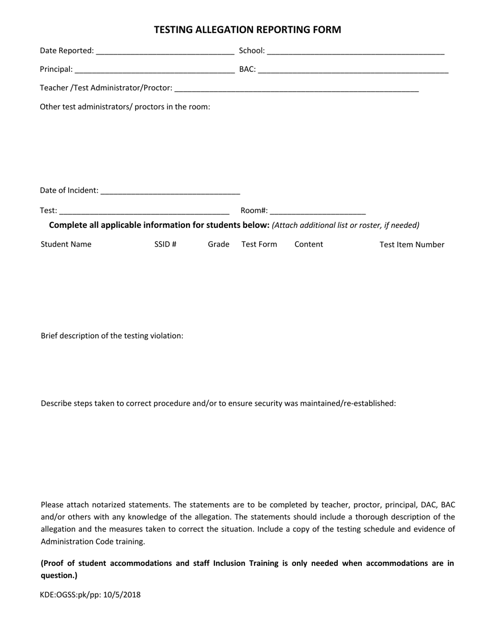 Testing Allegation Reporting Form - Kentucky, Page 1