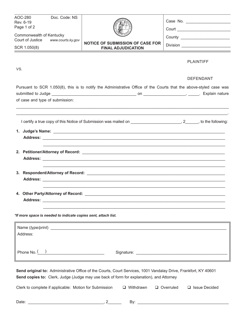 Form AOC-280 Notice of Submission of Case for Final Adjudication - Kentucky, Page 1