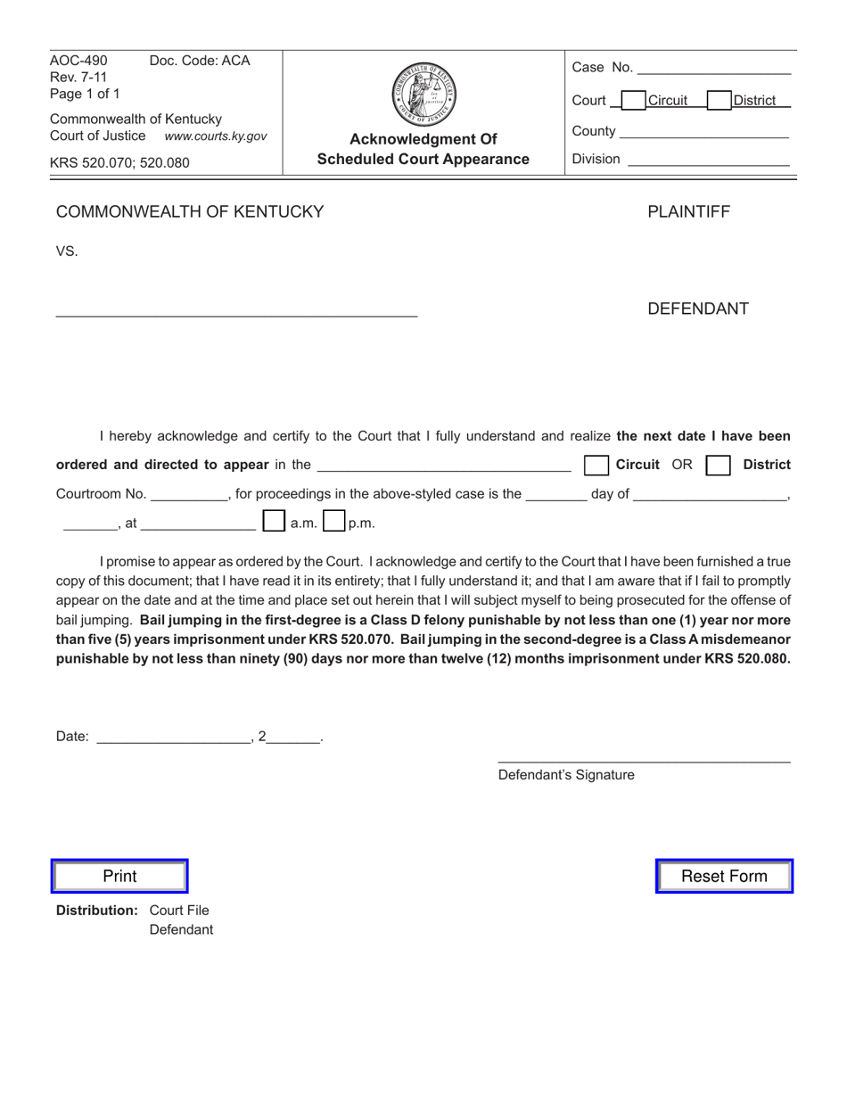 Form AOC-490 Acknowledgment of Scheduled Court Appearance - Kentucky, Page 1