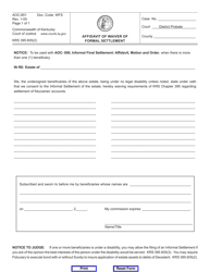 Document preview: Form AOC-851 Affidavit of Waiver of Formal Settlement - Kentucky