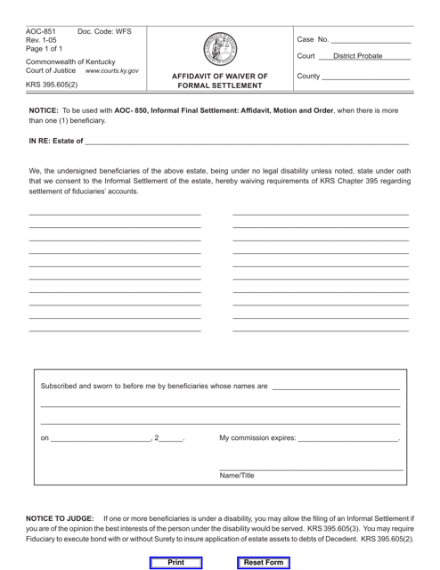 Form AOC-851 Affidavit of Waiver of Formal Settlement - Kentucky