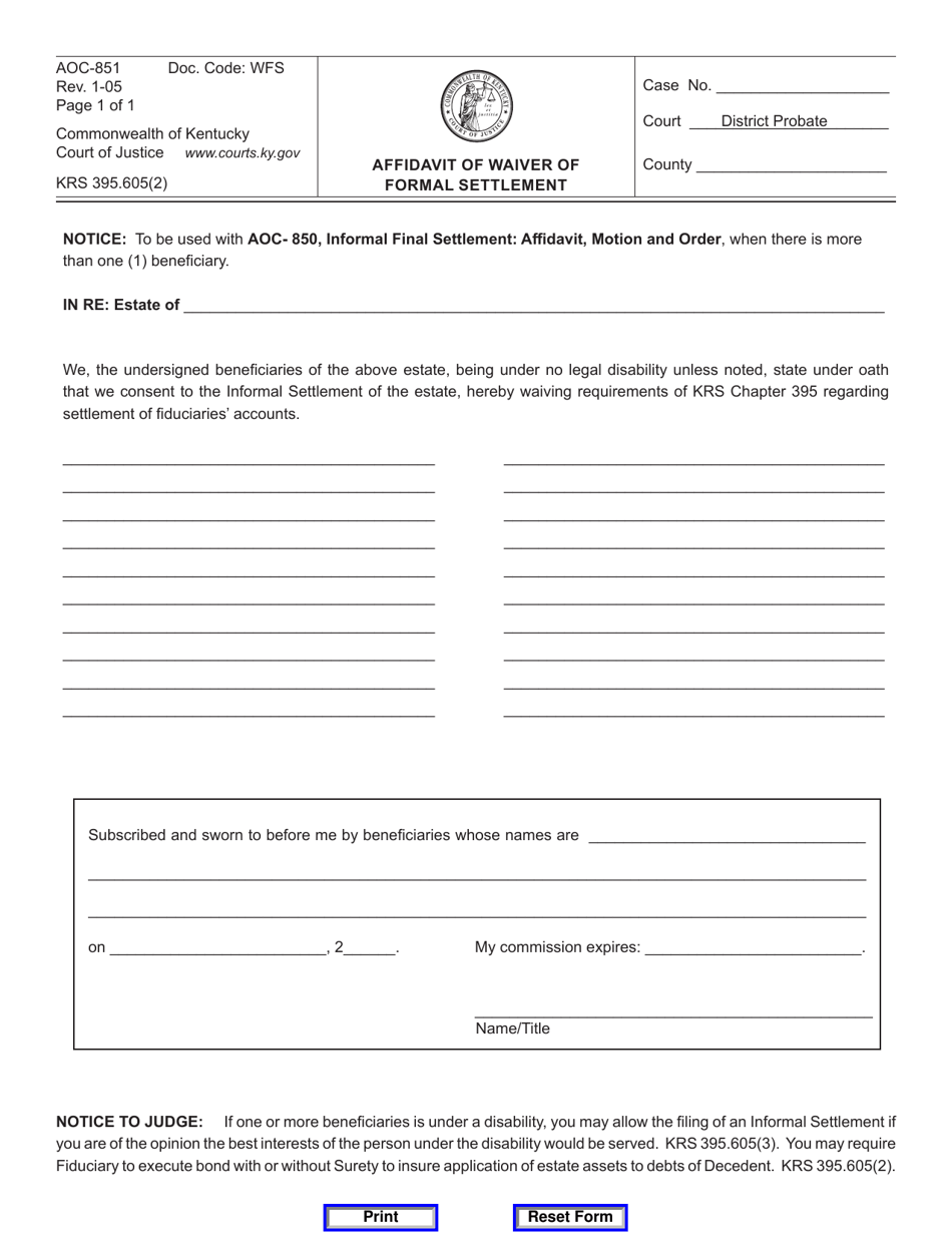 Form AOC-851 Affidavit of Waiver of Formal Settlement - Kentucky, Page 1