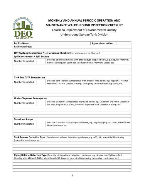 Monthly and Annual Periodic Operation and Maintenance Walkthrough Inspection Checklist - Louisiana Download Pdf