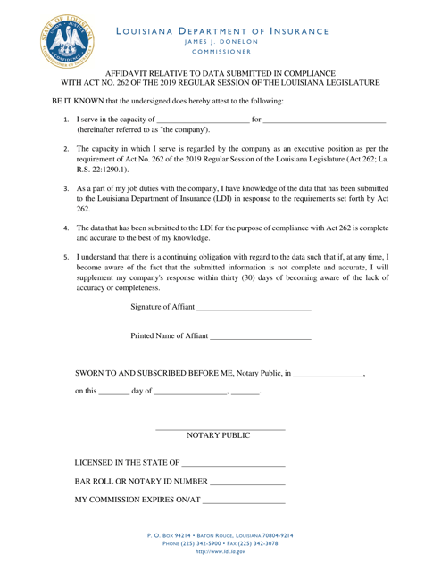 Affidavit Relative to Data Submitted in Compliance With Act No. 262 of the 2019 Regular Session of the Louisiana Legislature - Louisiana Download Pdf