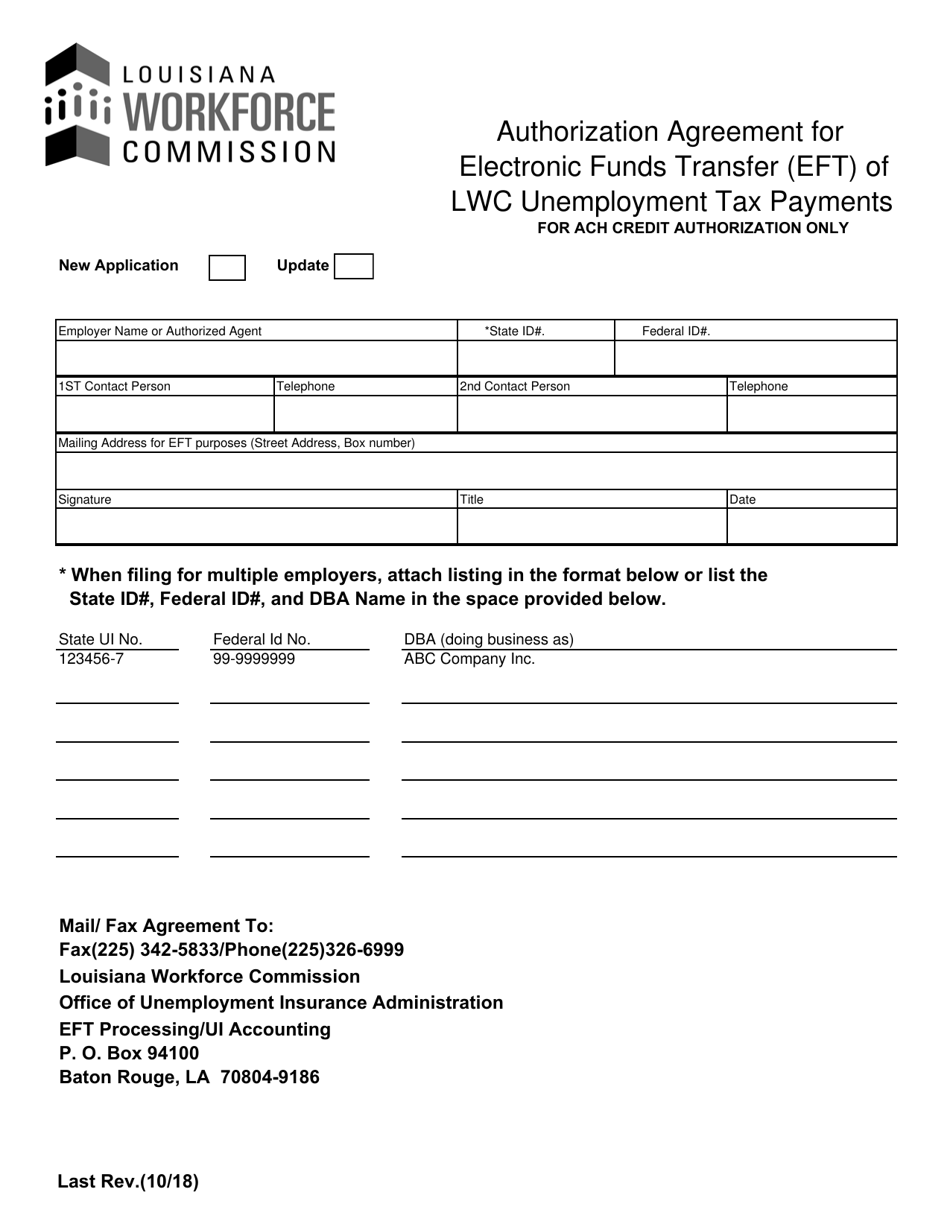 Authorization Agreement for Electronic Funds Transfer (Eft) of Lwc Unemployment Tax Payments - Louisiana, Page 1