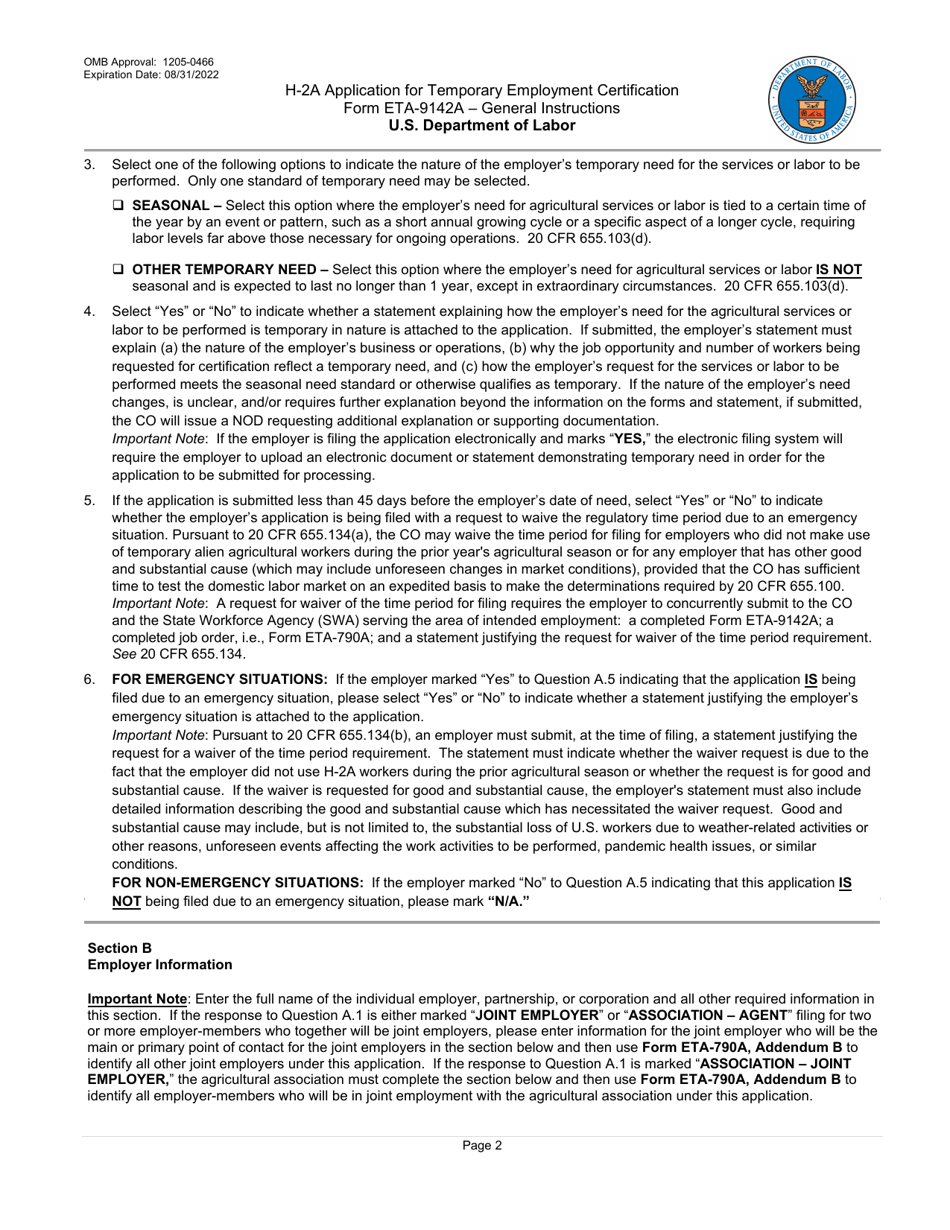 Instructions for Form ETA-9142A H-2a Application for Temporary Employment Certification, Page 2