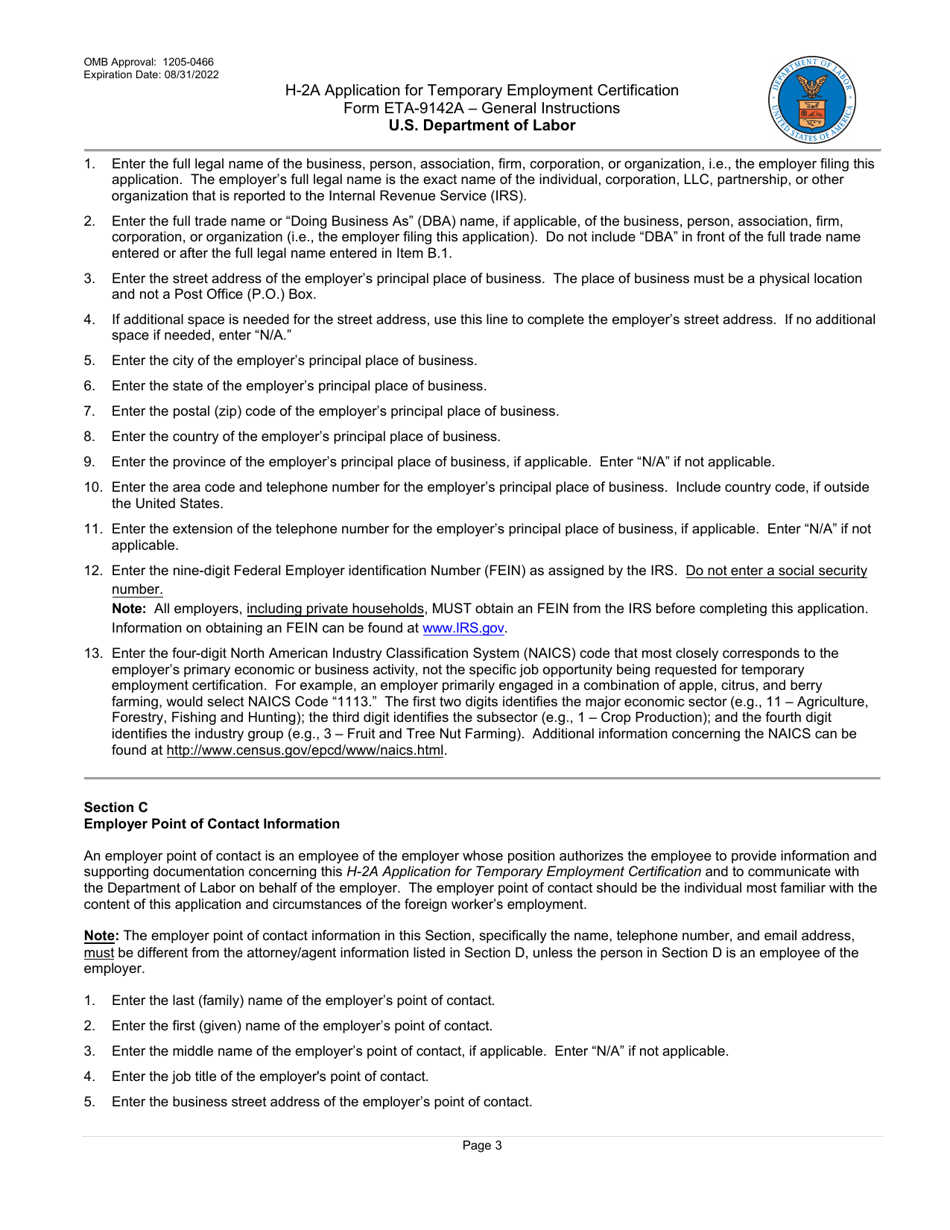 Instructions for Form ETA-9142A H-2a Application for Temporary Employment Certification, Page 3