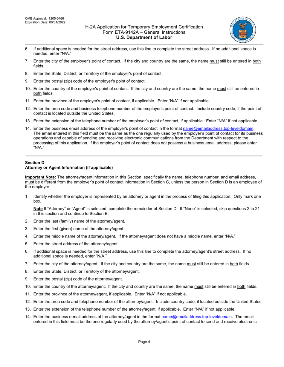 Instructions for Form ETA-9142A H-2a Application for Temporary Employment Certification, Page 4