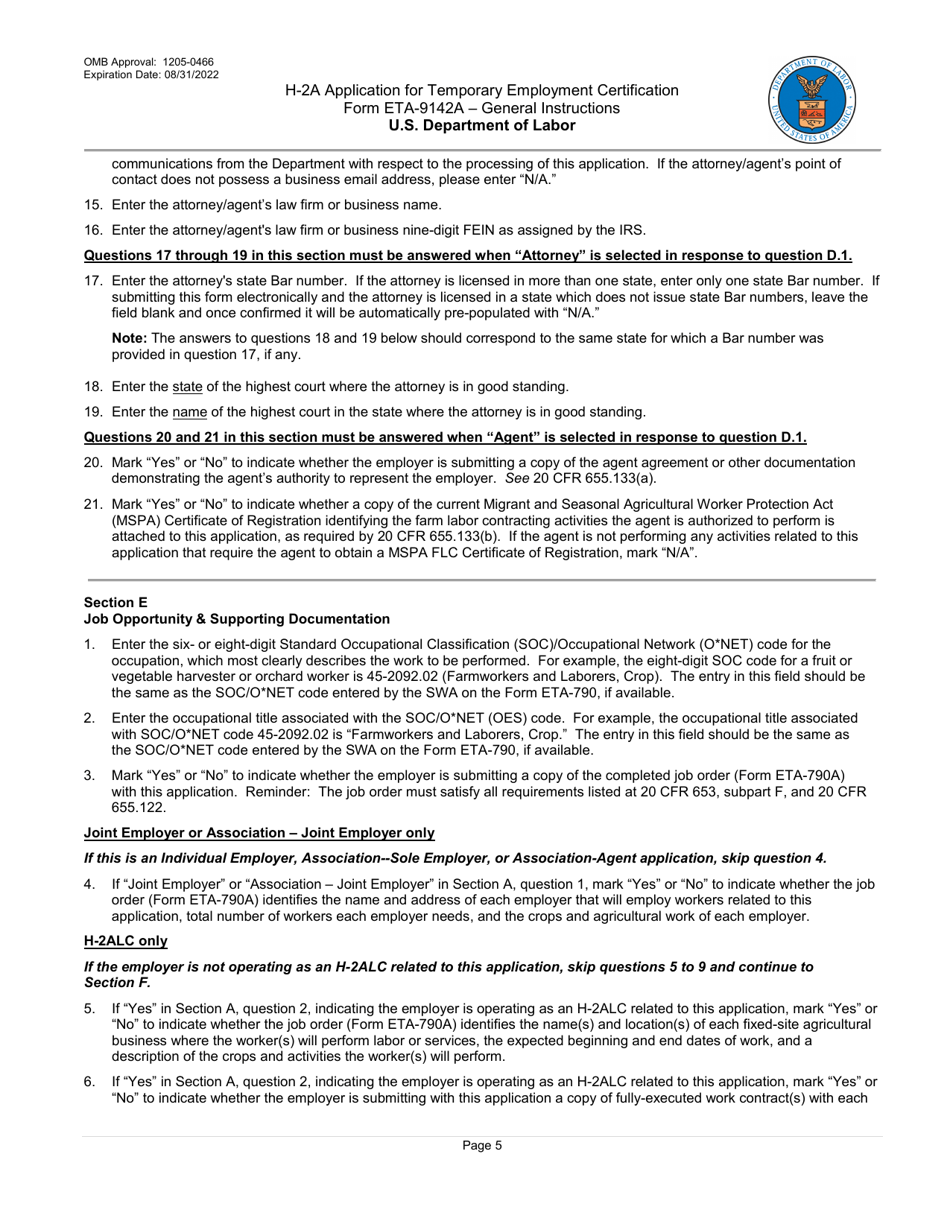 Instructions for Form ETA-9142A H-2a Application for Temporary Employment Certification, Page 5
