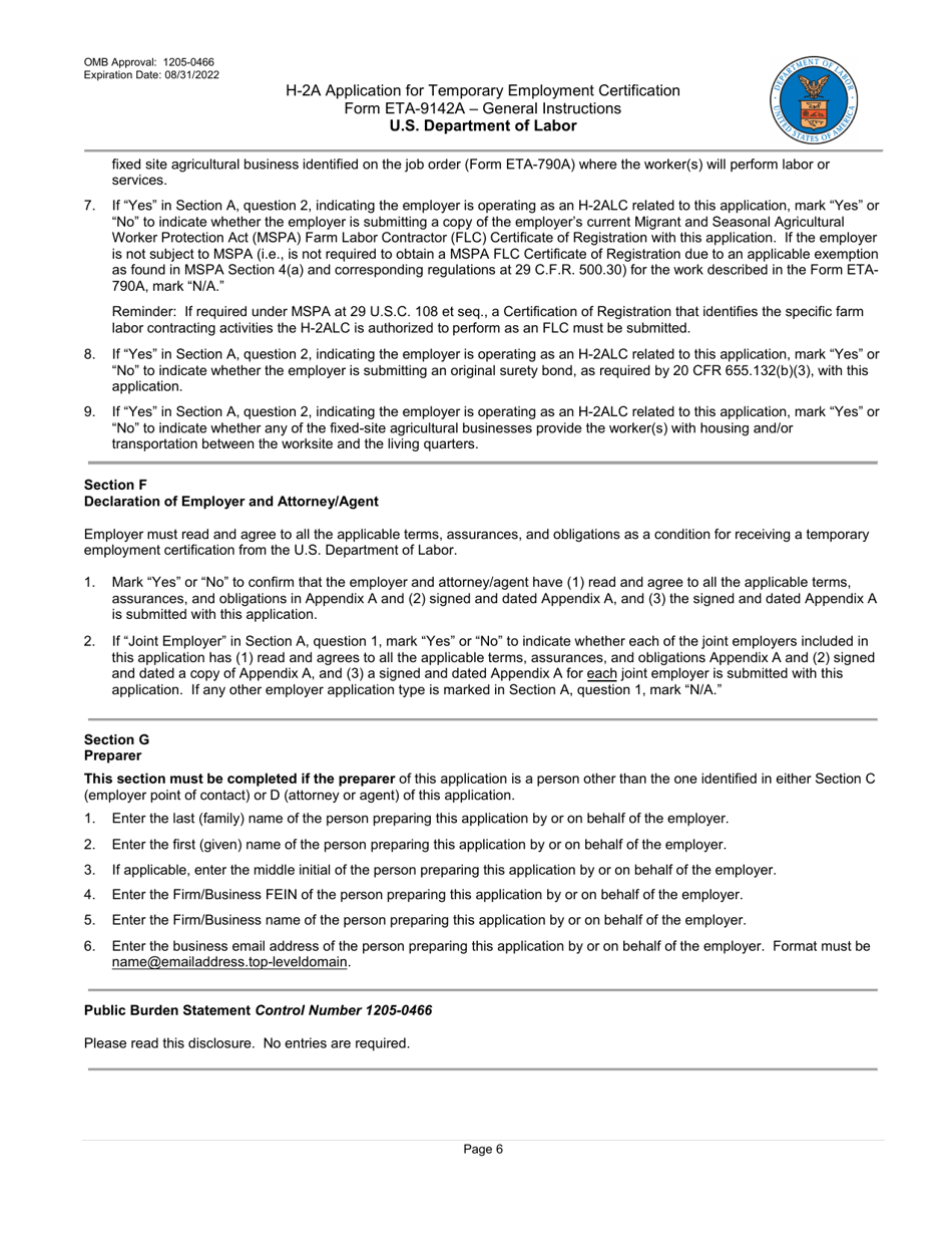 Instructions for Form ETA-9142A H-2a Application for Temporary Employment Certification, Page 6