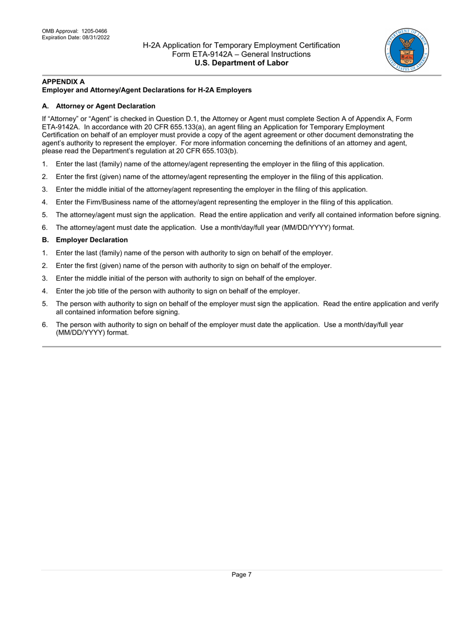 Instructions for Form ETA-9142A H-2a Application for Temporary Employment Certification, Page 7
