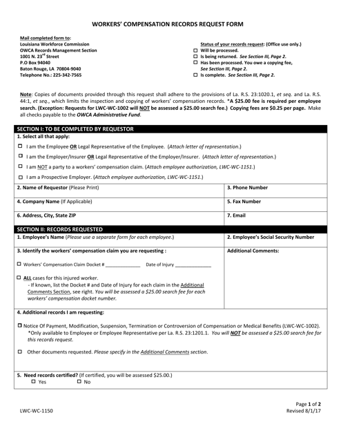 Form LWC-WC-1150 Workers' Compensation Records Request Form - Louisiana