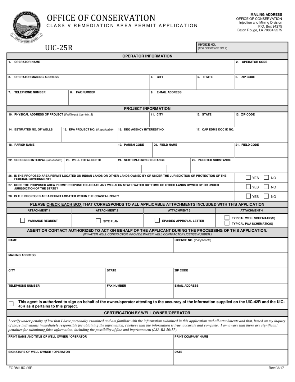 Form UIC-25R Class V Remediation Area Permit Application - Louisiana, Page 1