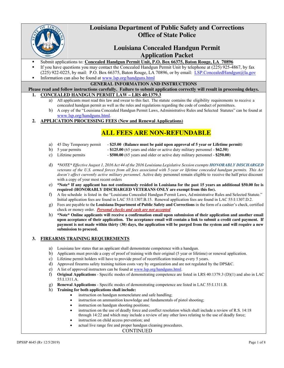 Form DPSSP4645 Louisiana Concealed Handgun Permit Application - Louisiana, Page 1