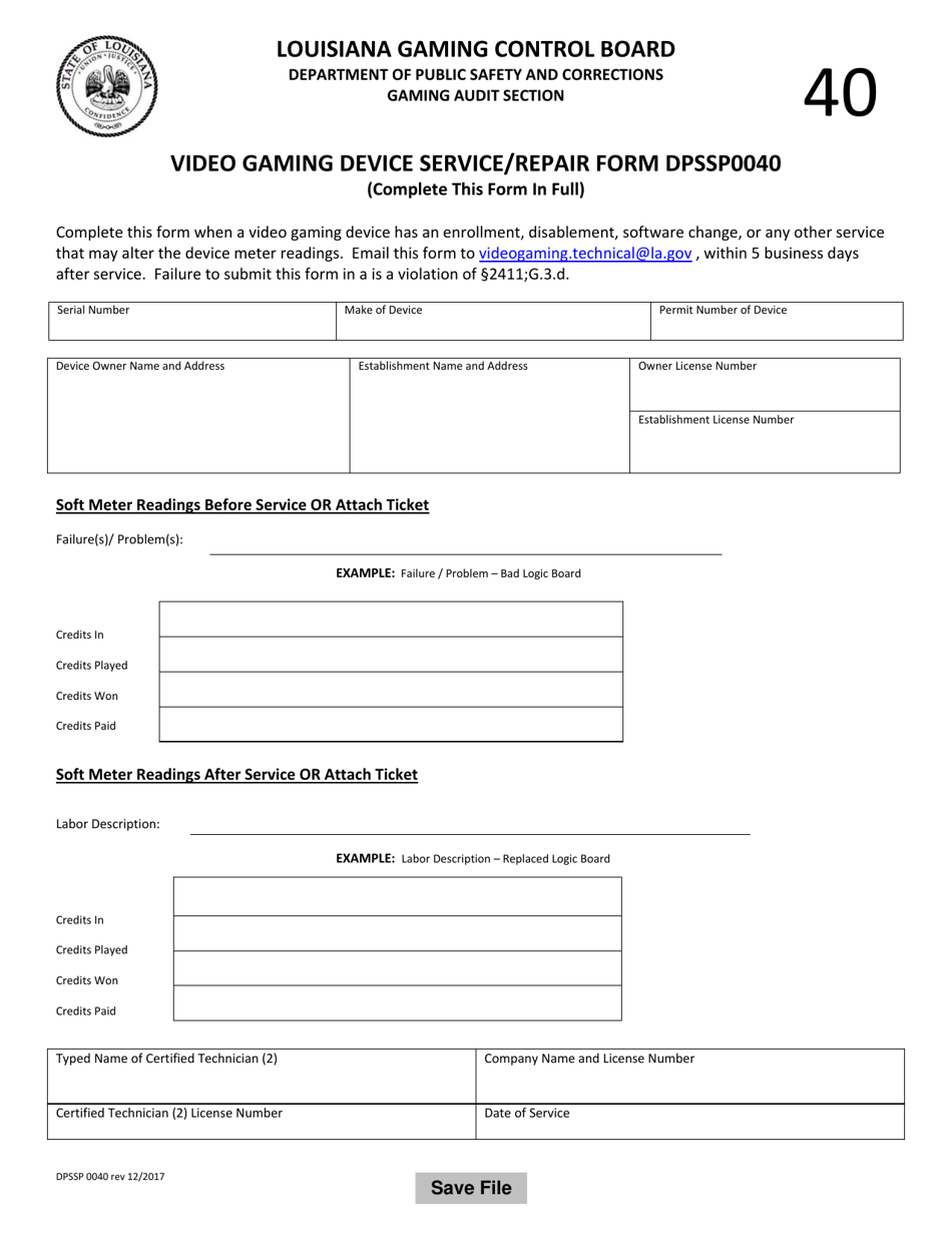 Form DPSSP0040 Video Gaming Device Service / Repair Form - Louisiana, Page 1