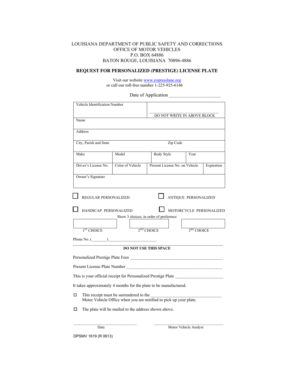 Form DPSMV1619 Request for Personalized (Prestige) License Plate - Louisiana, Page 1