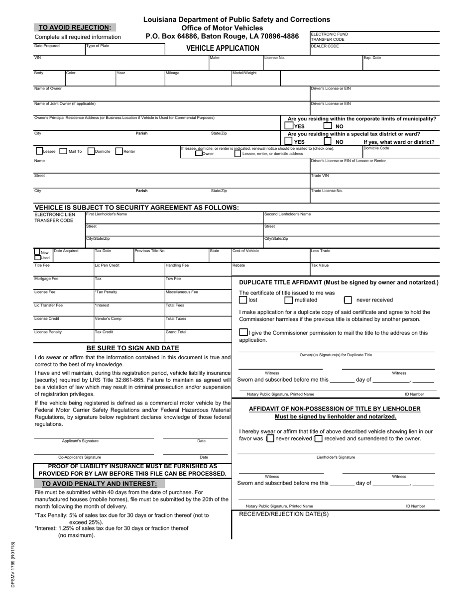 Form DPSMV1799 Vehicle Application - Louisiana, Page 1