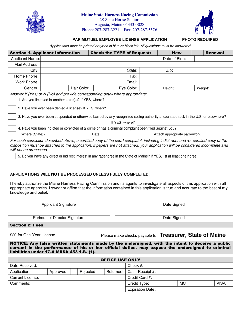 Parimutuel Employee License Application - Maine, Page 1