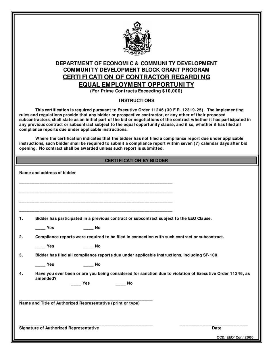 Certification of Contractor Regarding Equal Employment Opportunity (For Prime Contracts Exceeding 10,000) - Maine, Page 1