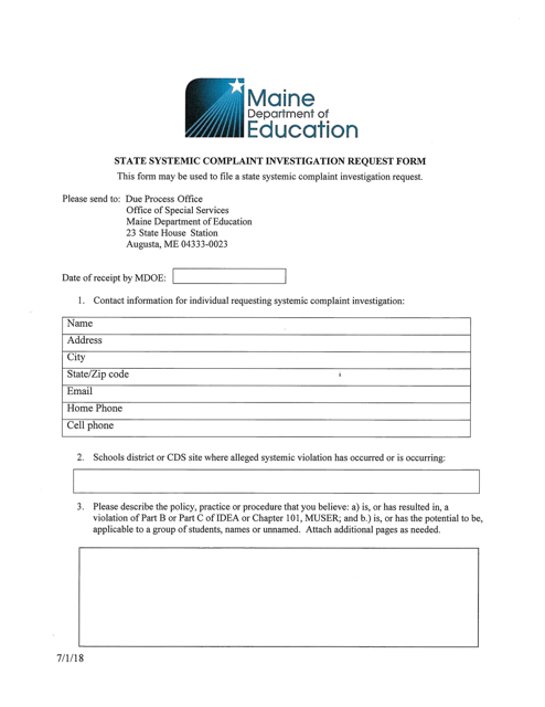 State Systemic Complaint Investigation Request Form - Maine Download Pdf